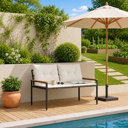 Outdoor Bench 2-Seater Garden Patio Poly Rattan Acacia Wood Backrest Seating