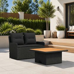 Outdoor Sectional Sofa with Lift-Up Table 2-Piece Set Garden Armrest Black