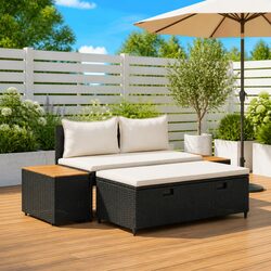 Outdoor Garden Bench Set 4-Seater Patio Furniture Black Rattan Steel Frame