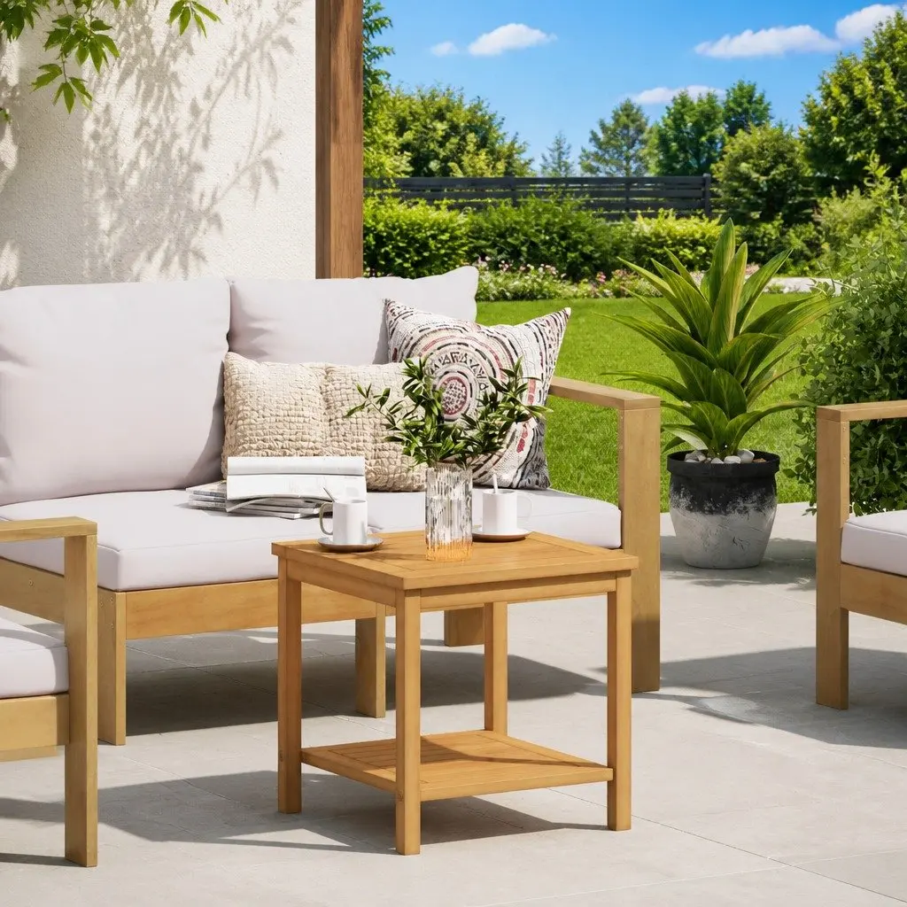 Solid Acacia Wood Side Table 45x45x45cm Brown Rustic Accent Table for Garden Patio Indoor Use