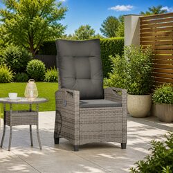 Reclining Outdoor Garden Chair Height-Adjustable Backrest Fold-Out Table Grey