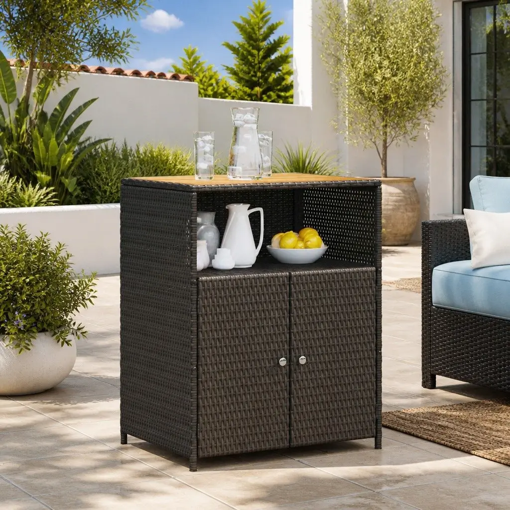 Storage Cabinet Black Acacia Wood Top Poly Rattan Shelving 70x50x87cm Indoor Outdoor Furniture