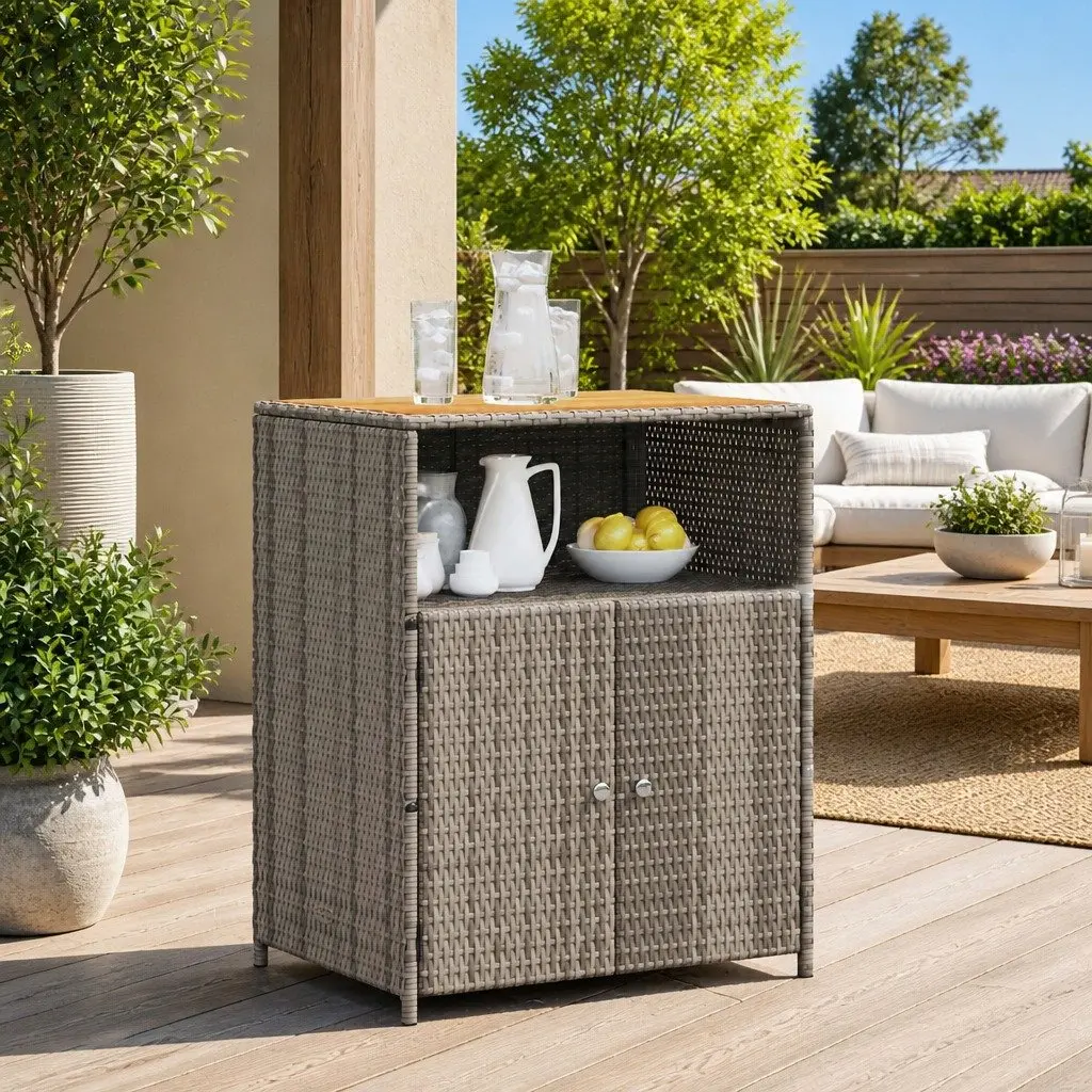 Storage Cabinet Grey 70x50x87cm Rattan Doors Acacia Wood Top Garden Patio