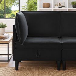 Black Velvet Sofa with Storage Compartment Modern Living Room Furniture