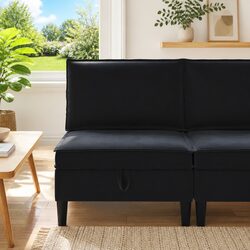Middle Sofa with Storage Black Velvet Modern Living Room Furniture Couch