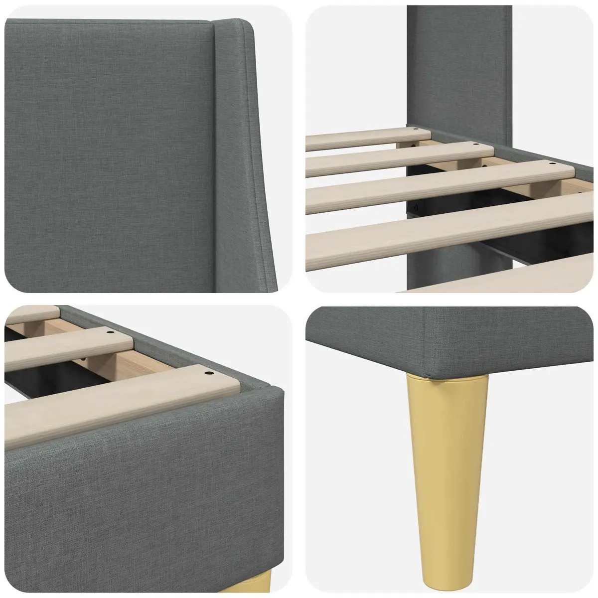 Bed Frame with Dark Grey Fabric Headboard Rectangular Modern Bedroom Furniture