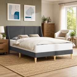 Bed Frame with Fabric Headboard Dark Grey 153 x 203 cm Rectangular Bedroom