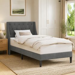 Bed Frame with Headboard Grey 90 x 190 cm Velvet Modern Bedroom Furniture