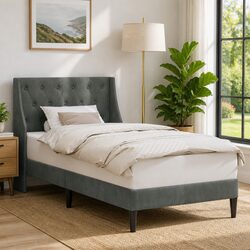 Dark Grey Bed Frame with Velvet Headboard Slatted Base Modern Bedroom Furniture