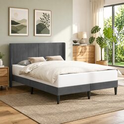 Bed Frame with Velvet Headboard Dark Grey 153 x 203 cm Modern Bedroom Furniture