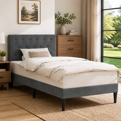 Modern Bed Frame with Velvet Headboard Dark Grey 107 x 203 cm Bedroom Furniture