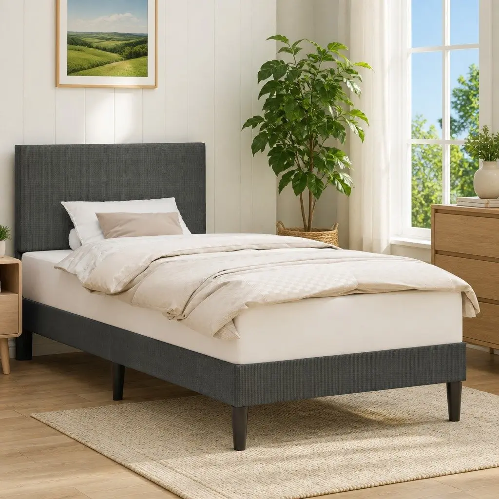 Bed Frame with Headboard Dark Grey 107 x 203 cm Corduroy Upholstered Modern