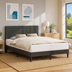 Bed Frame with Corduroy Headboard Dark Grey 137 x 190 cm Modern Bedroom