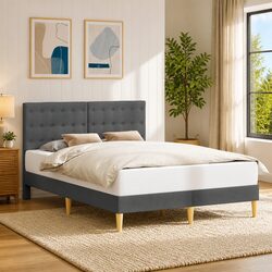Bed Frame with Fabric Headboard Dark Grey 137 x 190 cm Bedroom Furniture