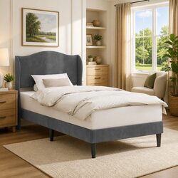 Dark Grey Bed Frame with Velvet Headboard Modern Bedroom Furniture 107 x 203 cm