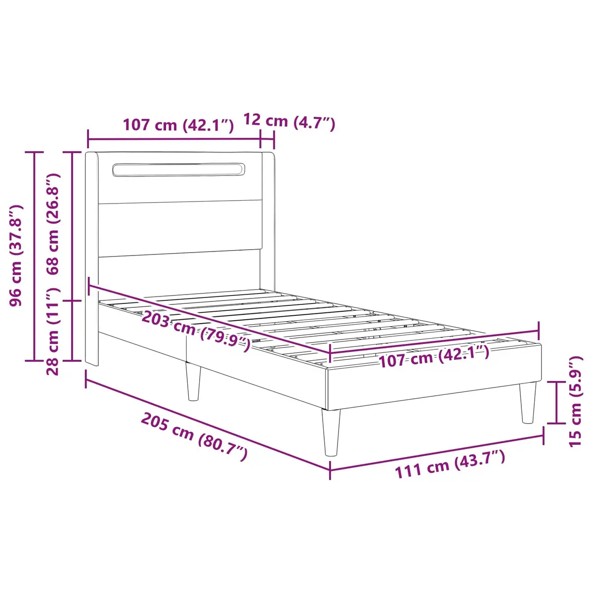 Black Bed Frame with Integrated LED Strip Lights Modern Faux Leather Design
