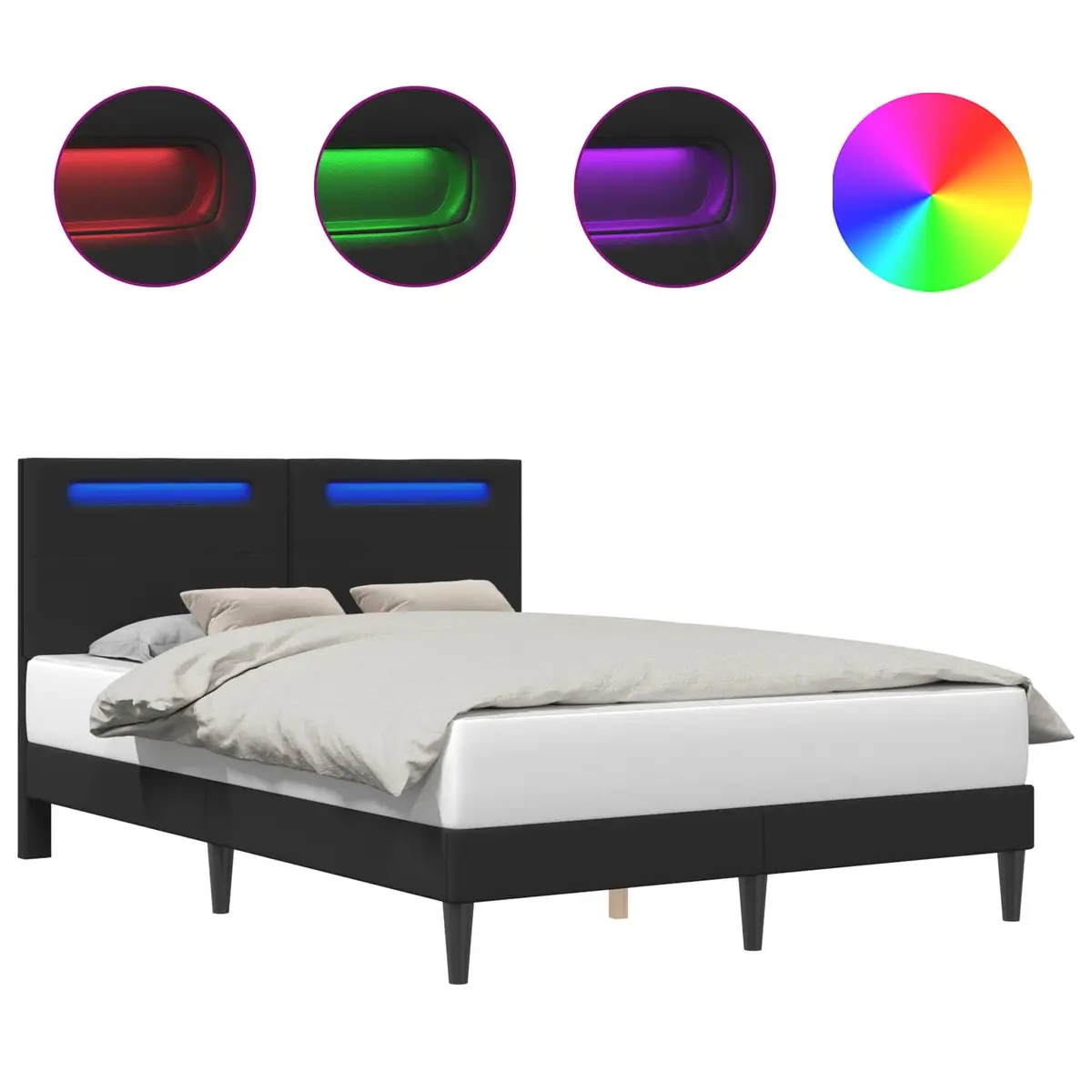 Bed Frame with LED Strip Lights USB Powered Modern Faux Leather Black 153 x 203 cm