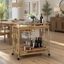 Wine Trolley with Wheels Kitchen Dining Storage Cart Bar Service Bamboo