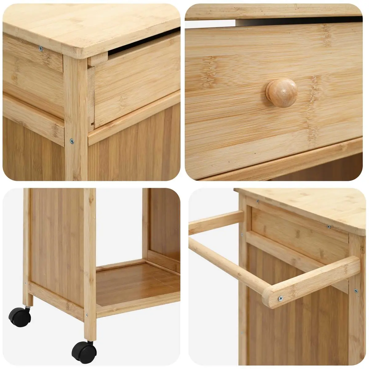 Kitchen Trolley with Wheels Bamboo Natural Storage Organiser Dining Mobile Cart