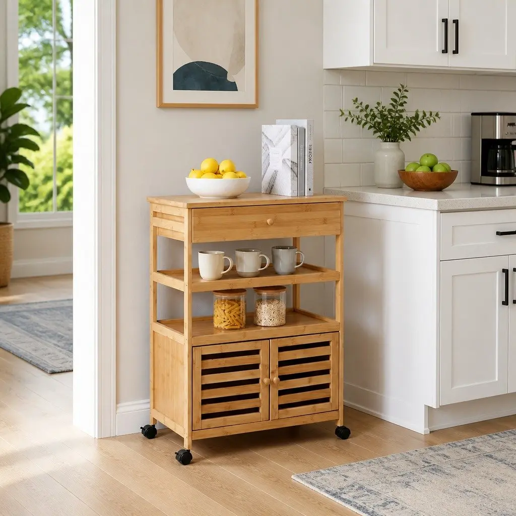 Kitchen Cart Bamboo Storage Trolley with Wheels 59.5x36x82cm Brown