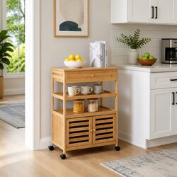 Kitchen Trolley with Wheels Bamboo Storage Cart Dining Room Prep Station