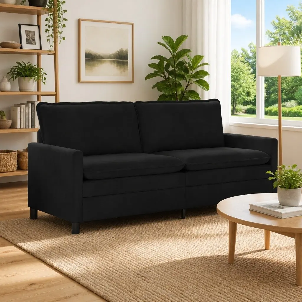 Black Velvet Sofa Modern Living Room Furniture Rectangular Sleek Design Indoor