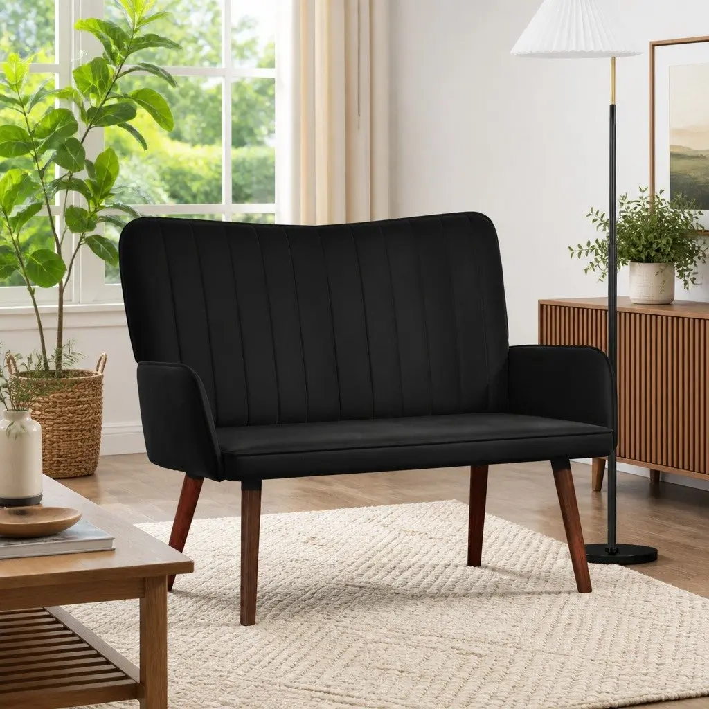 2-Seater Sofa Velvet Upholstery Compact Black Modern Living Room Furniture