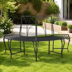 Outdoor Tree Bench 4-Seater Garden Furniture Steel Frame Grey Backyard Patio