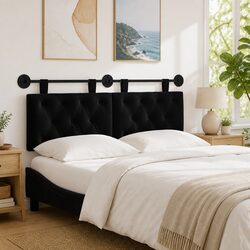 Hanging Headboard with LED Light Black Velvet Button Tufted Modern Wall Mount