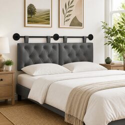 Hanging Headboard Wall-Mounted Bedroom Living Room Dark Grey Fabric Button