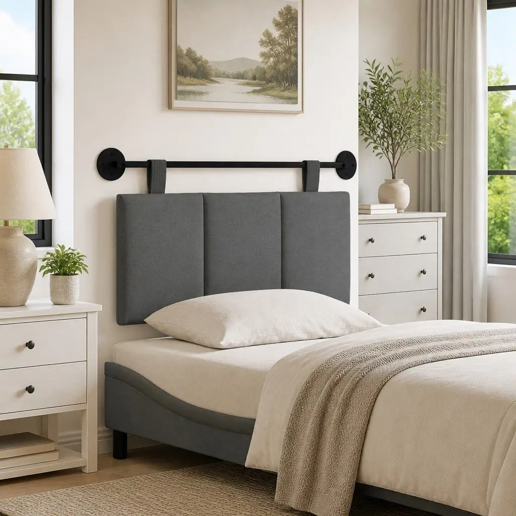 Hanging Headboard Wall Mounted Upholstered Modern Grey Fabric