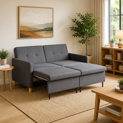 Pull Out Sofa Bed Dark Grey Fabric Adjustable Backrest Foldable Legs Modern