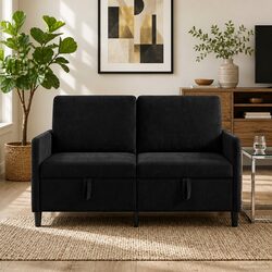 Modern Sofa with Storage Lift-Up Seat Black Polyester Furniture for Living Room