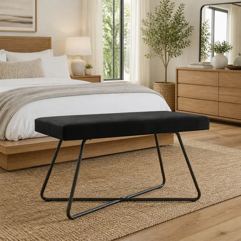 Modern Velvet Bench Black Indoor Seating Bedroom Living Room Hallway Dining