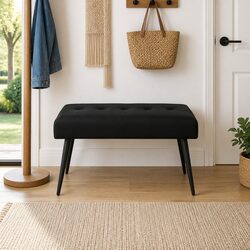 Button Tufted Bench Black Velvet Upholstery Modern Seating Living Room Bedroom