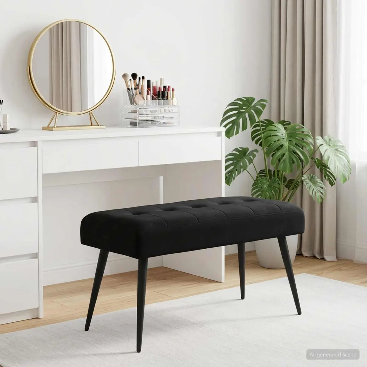 Button Tufted Bench Velvet Upholstery Black Modern Seating 80 x 40 x 46 cm