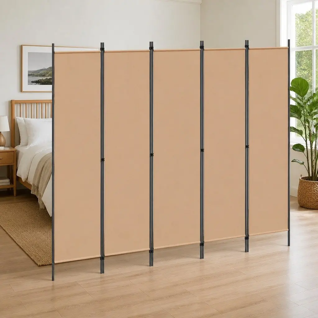 5-Panel Room Divider Folding Privacy Screen 250 x 180 cm Beige Fabric