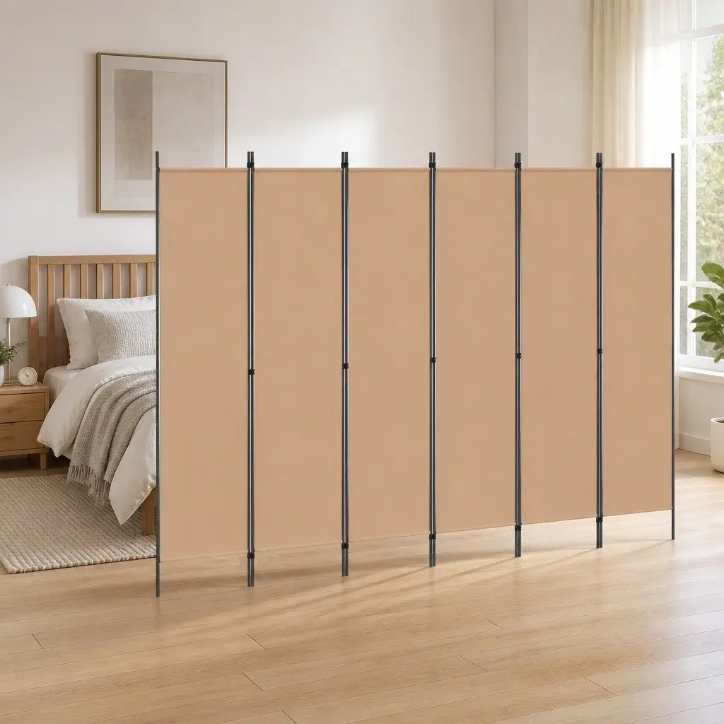 6-Panel Room Divider Folding Privacy Screen Adjustable Beige Fabric
