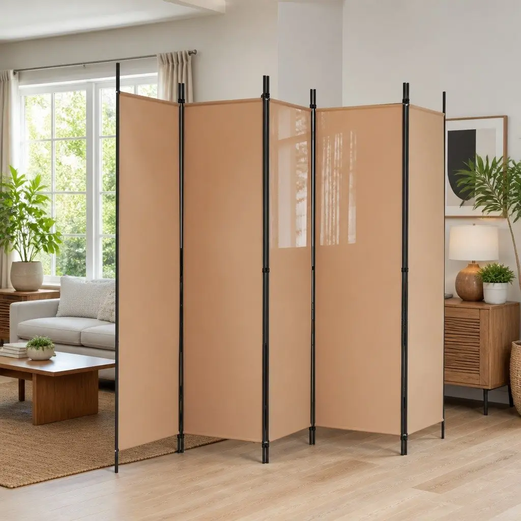 Room Divider Folding Privacy Screen 5-Panel Beige Fabric Partition Wall