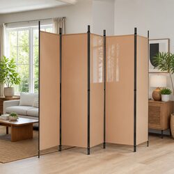 Room Divider 5-Panel Folding Privacy Screen Indoor Beige Fabric Partition Wall