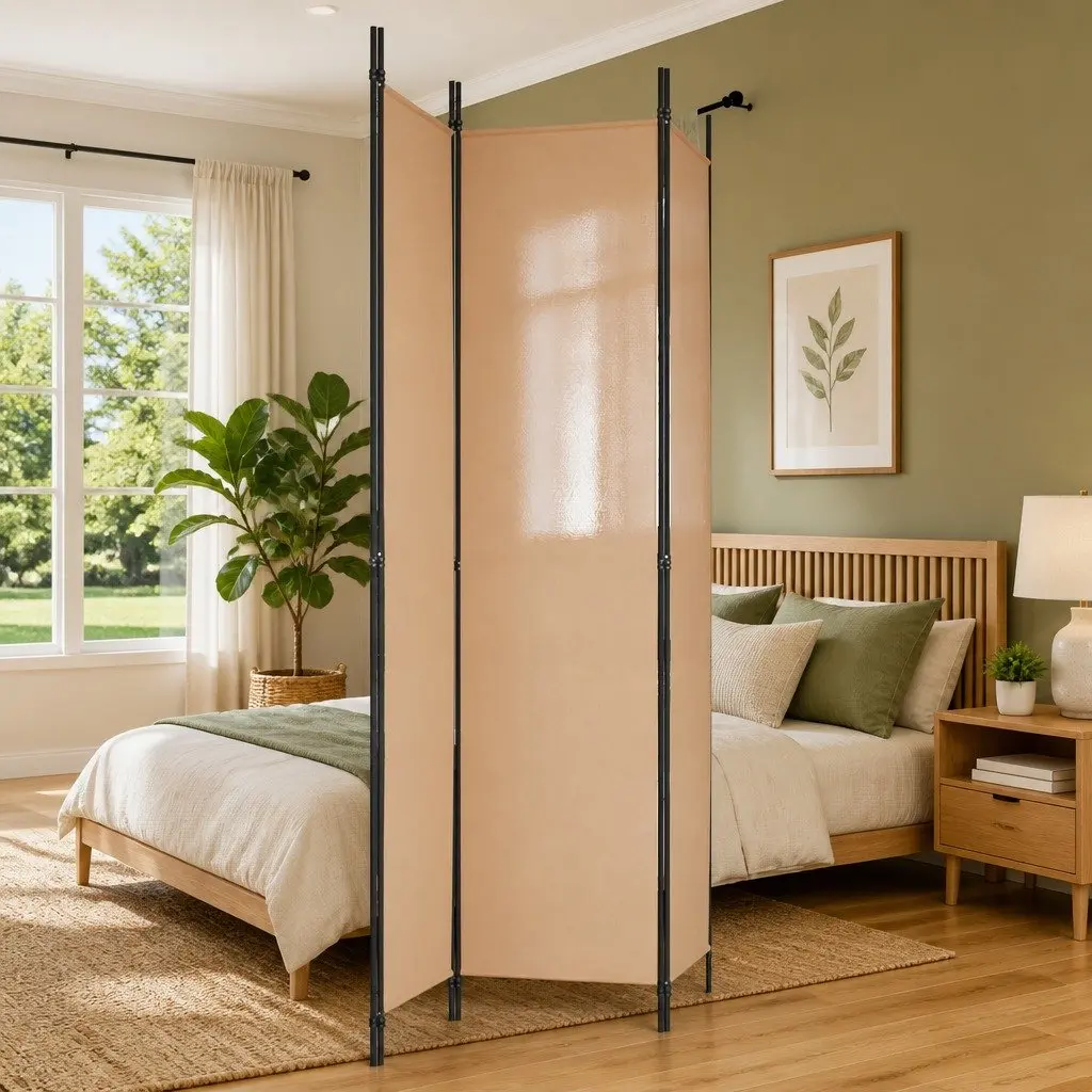 3-Panel Room Divider Foldable Privacy Screen 150 x 220 cm Beige Fabric