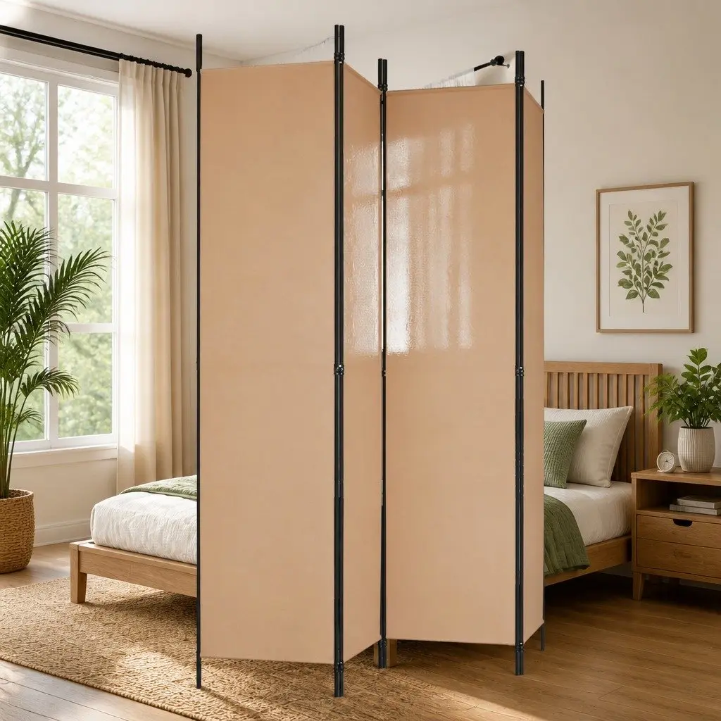 4-Panel Room Divider Foldable Privacy Screen 200x220cm Beige Fabric