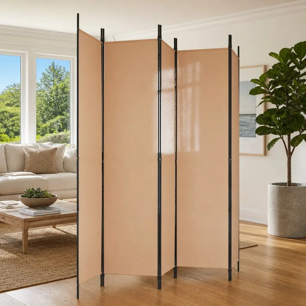 5-Panel Room Divider Folding Privacy Screen 250 x 220 cm Beige Fabric Partition
