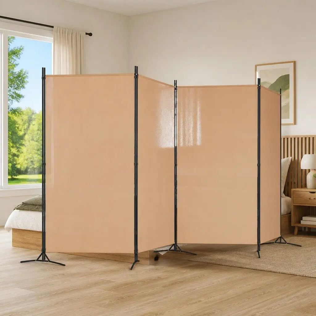 4-Panel Room Divider Folding Privacy Screen Fabric Beige 346x180cm