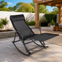 Outdoor Rocking Chair Black Steel Textilene Foldable Garden Lounge Relaxation