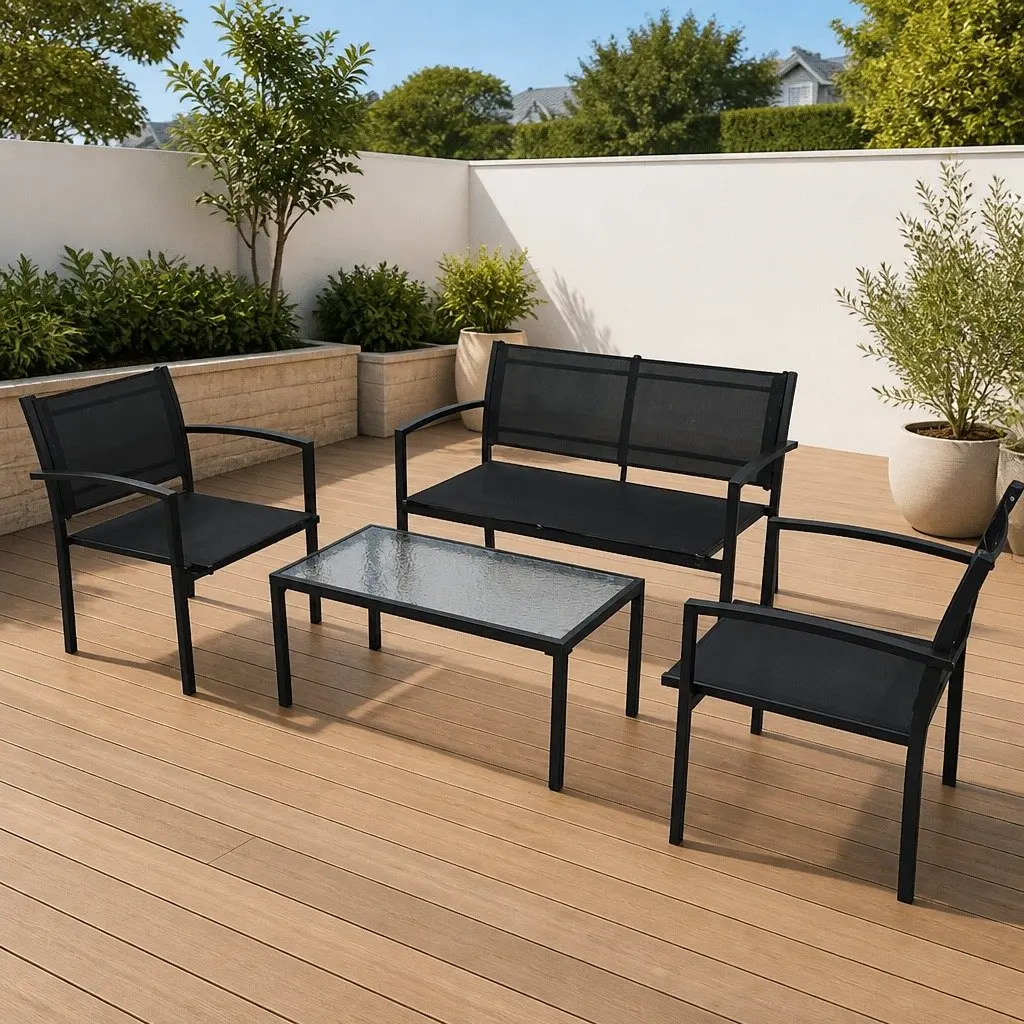 4 Piece Outdoor Garden Lounge Set Black Steel Frame Chairs Bench Coffee Table