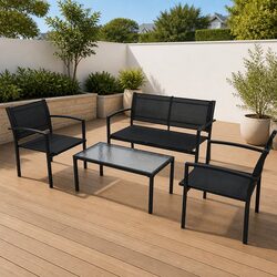 4 Piece Outdoor Garden Lounge Set Black Steel Frame Chairs Bench Coffee Table