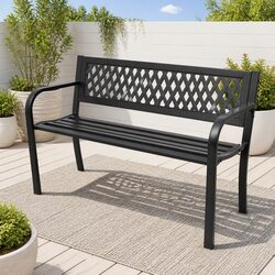 Outdoor Garden Bench 118cm Black Steel Patio Seating 2-Person Durable