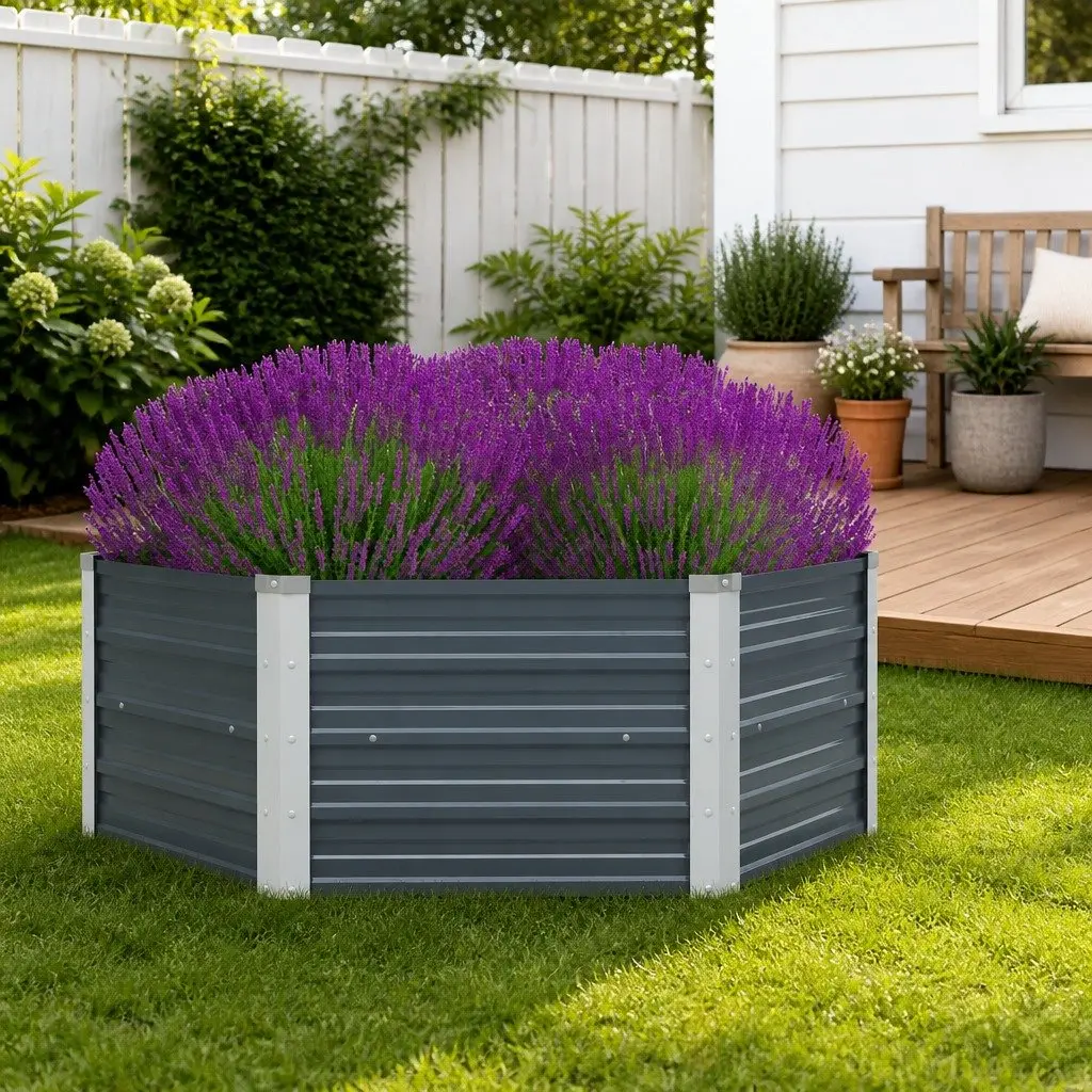 Raised Garden Bed Hexagon Galvanised Steel 129x129x45cm Grey Planter
