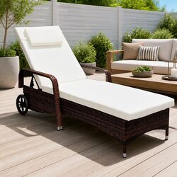 Sun Lounger with Cushion Wheels Adjustable Backrest Outdoor Reclining Chair